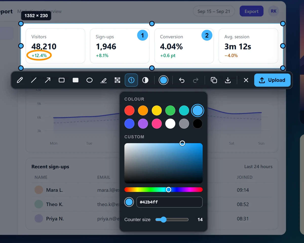 ControlC screenshot editor with annotation tools, numbered markers and a colour palette