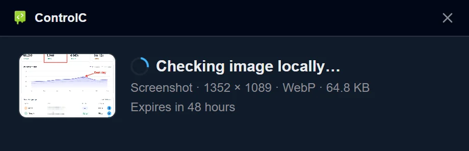 The ControlC upload window showing a screenshot thumbnail and "Checking image locally…" before the upload starts.