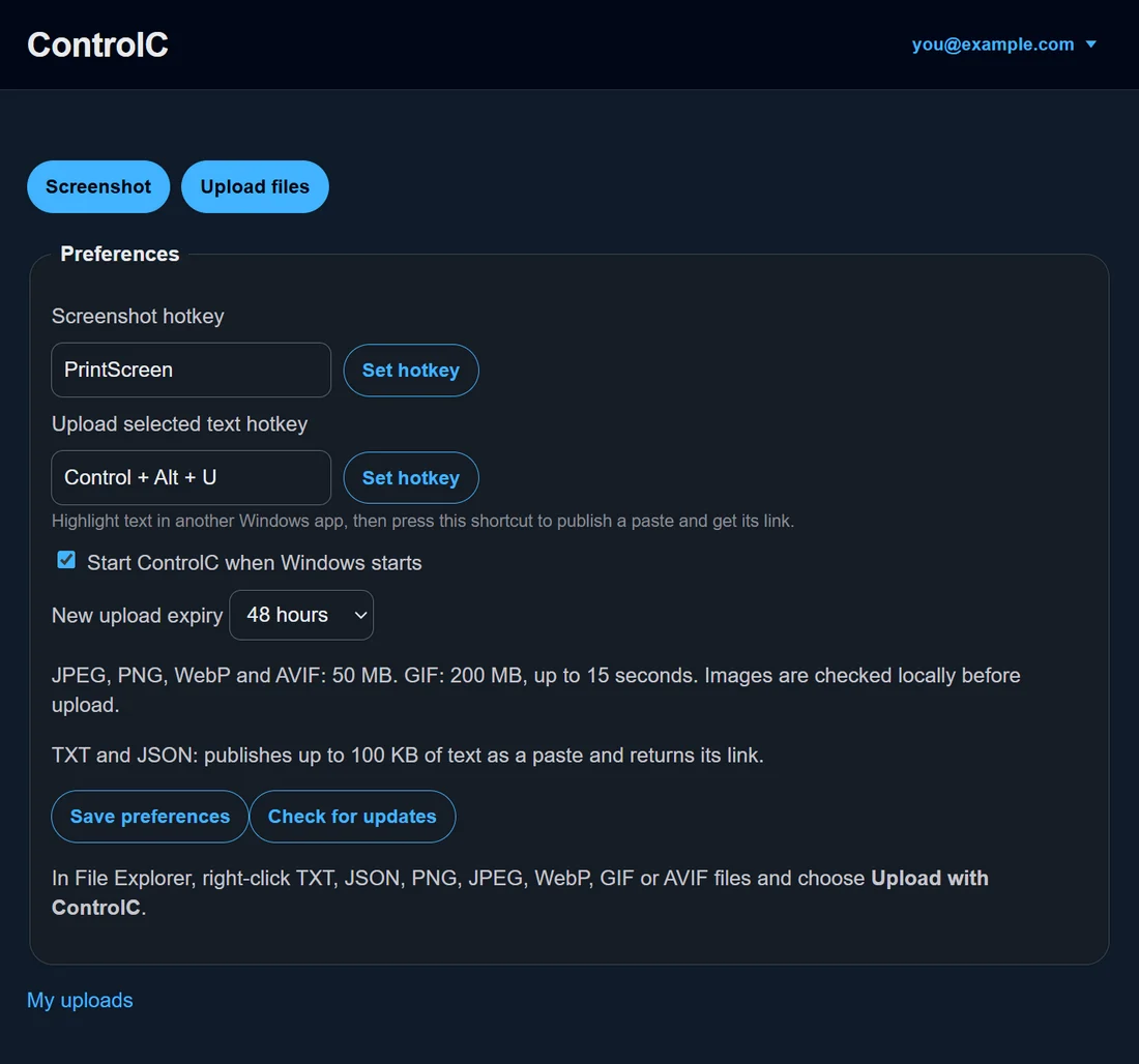 The ControlC main window: Screenshot and Upload files buttons, the screenshot and selected-text hotkeys, start with Windows, upload expiry, and a note that File Explorer's right-click menu has Upload with ControlC.